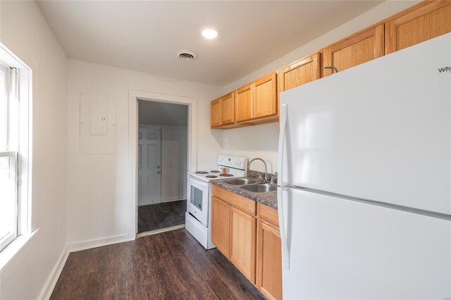 223 Warren St, Sullivan, MO 63080 - kitchen featuring white appliances, a sink, dark wood-style floors, baseboards, and dark countertops