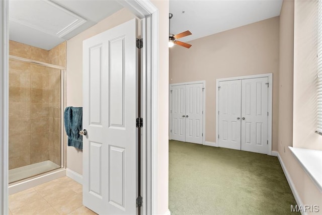 1515 Lafayette Ave Unit 316, Saint Louis, MO 63104 - full bathroom featuring a shower stall, a ceiling fan, and baseboards