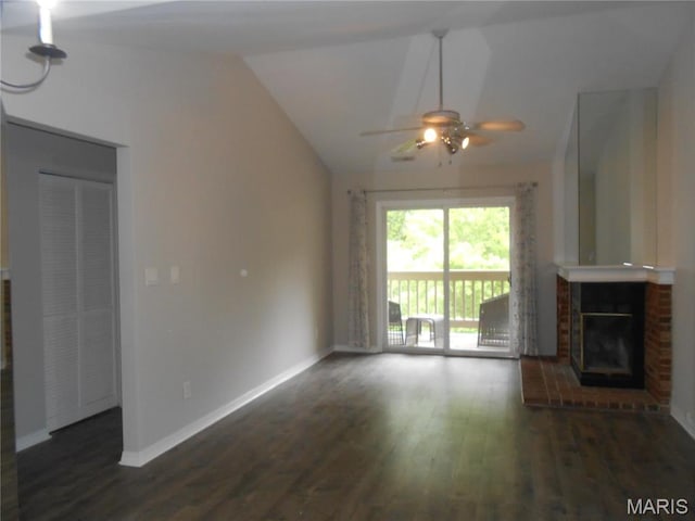 12954 Bryce Canyon Dr Unit E, Maryland Heights, MO 63043 - unfurnished living room with lofted ceiling, ceiling fan, wood finished floors, and a brick fireplace