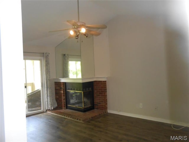 12954 Bryce Canyon Dr Unit E, Maryland Heights, MO 63043 - unfurnished living room with a ceiling fan, lofted ceiling, wood finished floors, and a fireplace