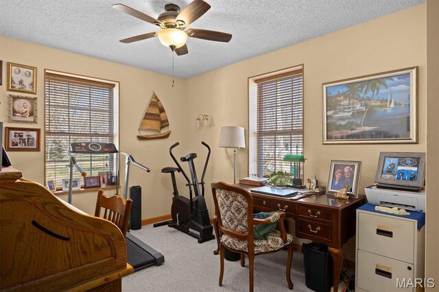 10 Mallard Dr, Carlyle, IL 62231 - office area with carpet floors, a textured ceiling, ceiling fan, and baseboards