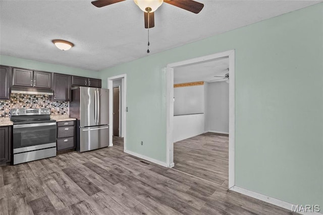 953 E 1st St, Washington, MO 63090 - kitchen featuring appliances with stainless steel finishes, ceiling fan, a textured ceiling, light countertops, and backsplash