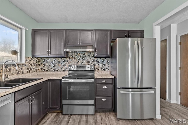 953 E 1st St, Washington, MO 63090 - kitchen with appliances with stainless steel finishes, a sink, under cabinet range hood, light wood finished floors, and light countertops