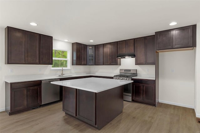 2414 Chukka Dr, Eureka, MO 63025 - kitchen featuring appliances with stainless steel finishes, a sink, light wood finished floors, dark brown cabinets, and recessed lighting
