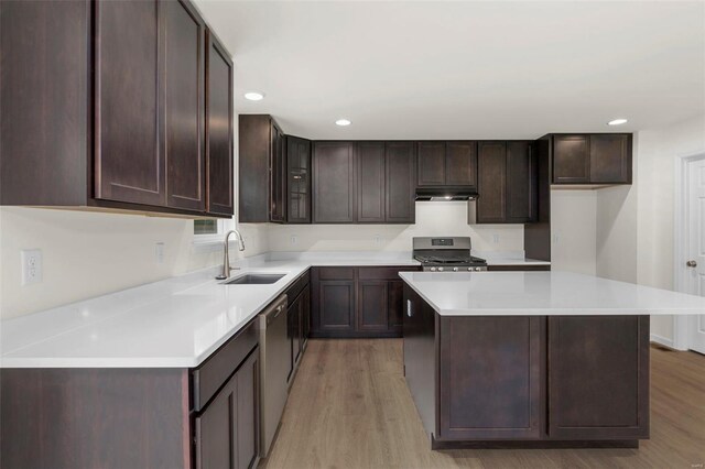 2414 Chukka Dr, Eureka, MO 63025 - kitchen with a sink, stainless steel appliances, light wood-type flooring, dark brown cabinetry, and recessed lighting