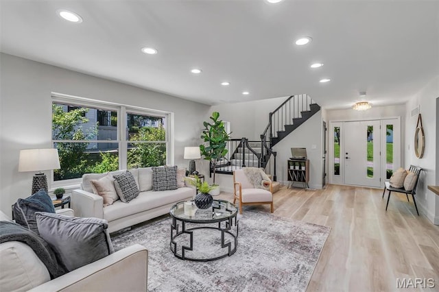 406 Meyer Ave, Saint Louis, MO 63122 - living room featuring stairway, light wood finished floors, and recessed lighting