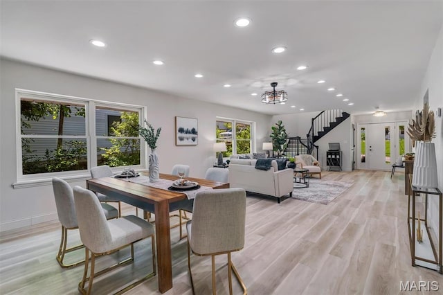 406 Meyer Ave, Saint Louis, MO 63122 - dining room featuring recessed lighting, stairway, a chandelier, and light wood-style floors