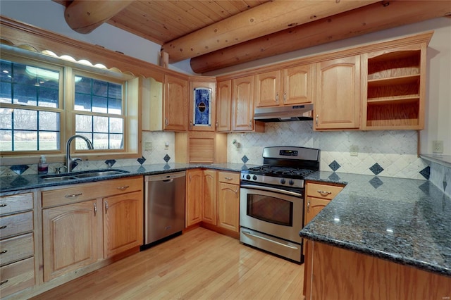 kitchen with appliances with stainless steel finishes, under cabinet range hood, a sink, light wood-style flooring, and dark stone counters