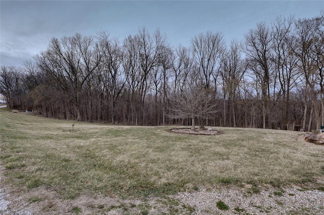 view of green lawn featuring a forest view