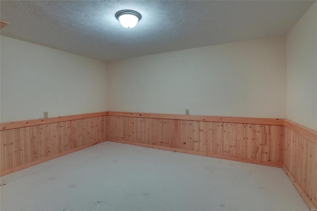 empty room with a wainscoted wall, carpet floors, and wooden walls