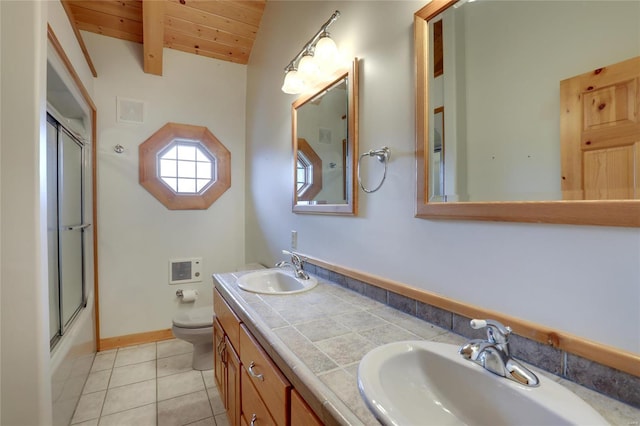 full bathroom with wooden ceiling, toilet, tile patterned flooring, double vanity, and beamed ceiling