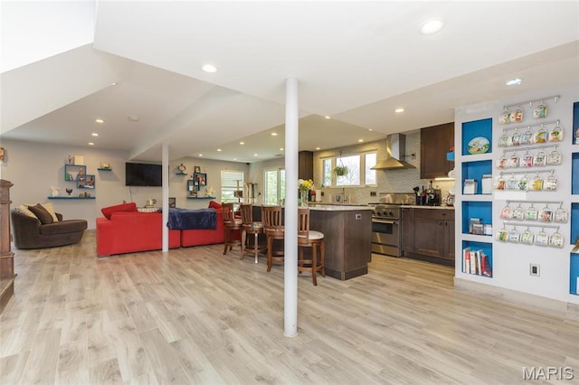86 Pebblebrook Ln, Saint Louis, MO 63146 - bar featuring high end stainless steel range, wall chimney range hood, recessed lighting, light wood finished floors, and tasteful backsplash