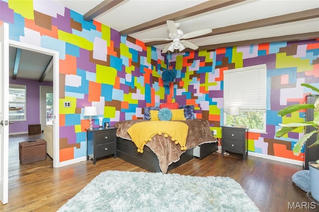 86 Pebblebrook Ln, Saint Louis, MO 63146 - bedroom with an accent wall, wallpapered walls, baseboards, wood finished floors, and beamed ceiling