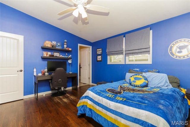 86 Pebblebrook Ln, Saint Louis, MO 63146 - bedroom with lofted ceiling, wood finished floors, a desk, ceiling fan, and baseboards