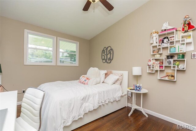 86 Pebblebrook Ln, Saint Louis, MO 63146 - bedroom with wood finished floors, baseboards, vaulted ceiling, and ceiling fan