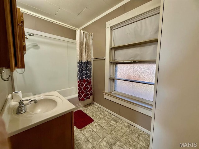 1681 S US Highway 63, West Plains, MO 65775 - bathroom with tile patterned floors, vanity, shower / bathtub combination with curtain, and baseboards