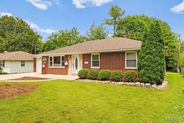 304 S Augusta St, Ofallon, IL 62269 - ranch-style home with a front lawn, a chimney, brick siding, and concrete driveway