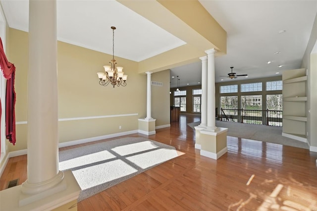 2707 Fairway Estates Dr, Wentzville, MO 63385 - unfurnished dining area featuring ornate columns, wood finished floors, ceiling fan, baseboards, and recessed lighting