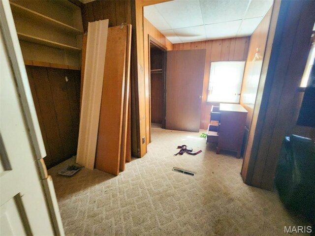 760 Swanwick St, Chester, IL 62233 - bedroom with a drop ceiling, light carpet, and wood walls