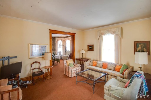 502 N State St, Jerseyville, IL 62052 - living room featuring ornamental molding, plenty of natural light, carpet floors, and baseboards