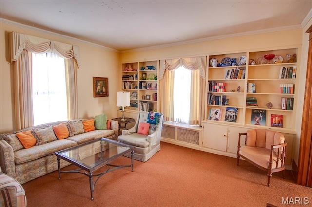 502 N State St, Jerseyville, IL 62052 - sitting room with crown molding, carpet floors, and built in shelves