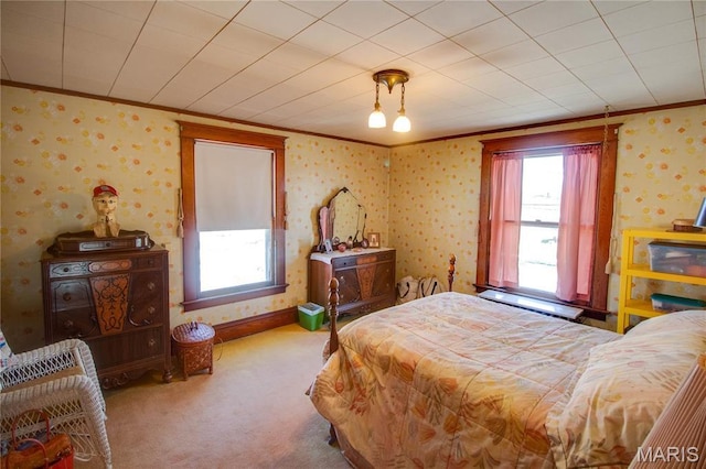 502 N State St, Jerseyville, IL 62052 - carpeted bedroom with wallpapered walls and ornamental molding