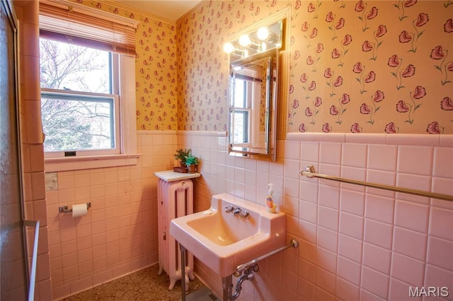 502 N State St, Jerseyville, IL 62052 - bathroom with wallpapered walls, a wainscoted wall, crown molding, and tile walls