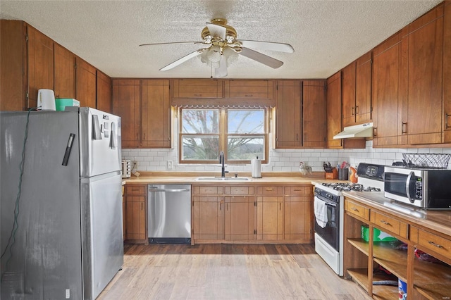 23425 N Everett Carr Rd, Mo, MO 65243 - kitchen featuring appliances with stainless steel finishes, a sink, under cabinet range hood, light wood-style floors, and a textured ceiling