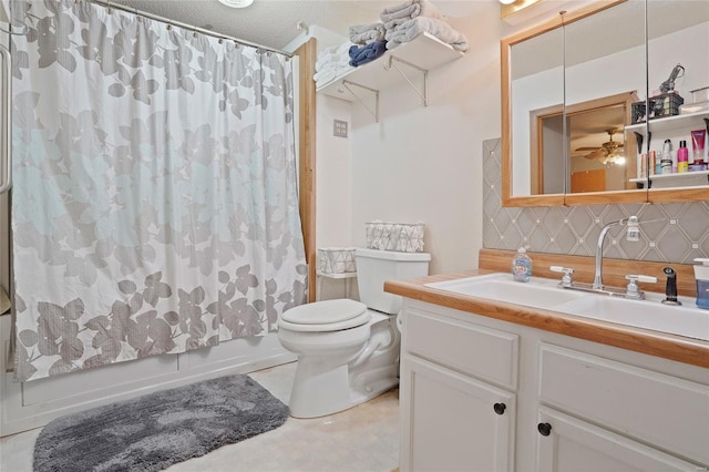 23425 N Everett Carr Rd, Mo, MO 65243 - full bath with tasteful backsplash, shower / bath combination with curtain, toilet, vanity, and ceiling fan