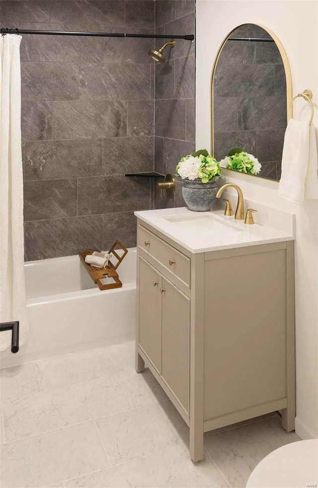 407 Front St, Monroe City, MO 63456 - bathroom featuring marble look tile flooring, shower / bathtub combination with curtain, vanity, and toilet