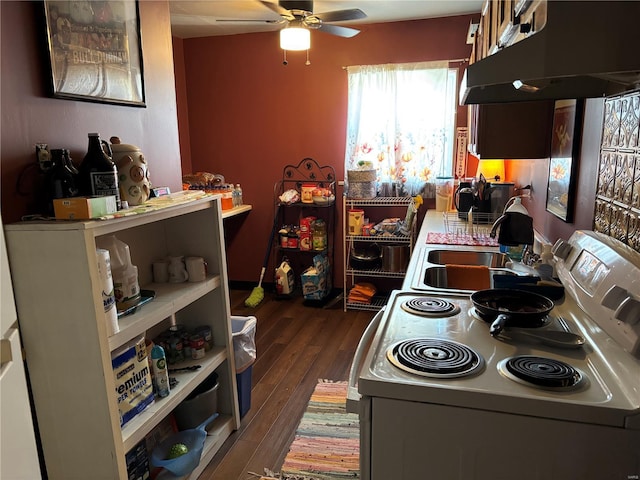 861 Pershing Blvd E, St Louis, IL 62203 - kitchen featuring range with electric stovetop, under cabinet range hood, ceiling fan, dark wood-type flooring, and a sink