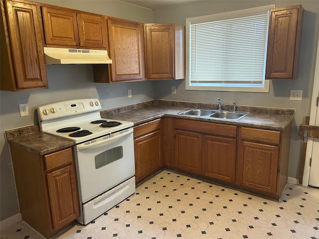 10314 Viscount Dr, Saint Louis, MO 63136 - kitchen with under cabinet range hood, white range with electric stovetop, a sink, dark countertops, and brown cabinetry