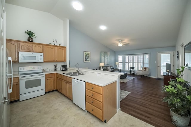 173 Silo View Dr Unit 393A, Wentzville, MO 63385 - kitchen with white appliances, a sink, a peninsula, open floor plan, and light countertops