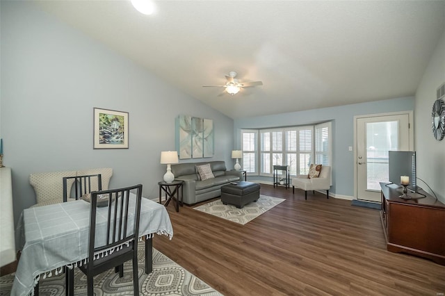 173 Silo View Dr Unit 393A, Wentzville, MO 63385 - living room featuring a ceiling fan, vaulted ceiling, wood finished floors, and baseboards