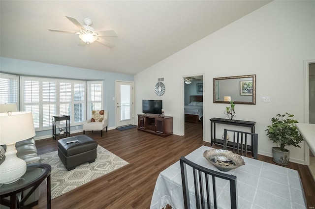 173 Silo View Dr Unit 393A, Wentzville, MO 63385 - living room featuring ceiling fan, baseboards, high vaulted ceiling, and wood finished floors