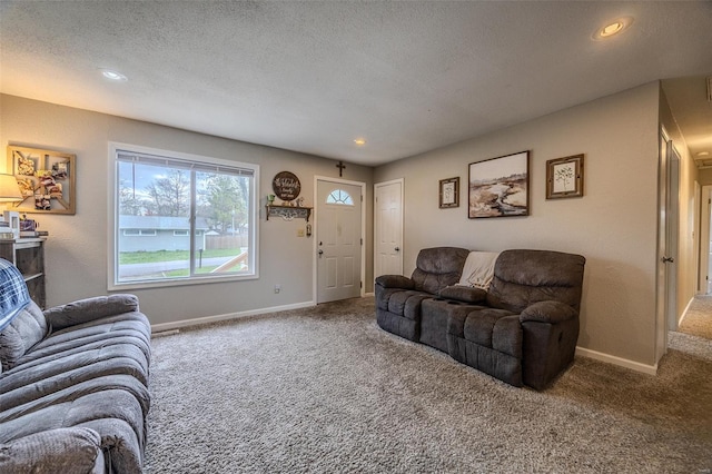 1425 Cedar Dr, Lebanon, MO 65536 - living area with carpet, baseboards, recessed lighting, and a textured ceiling