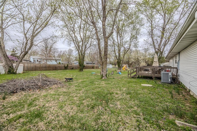 1425 Cedar Dr, Lebanon, MO 65536 - view of yard featuring central AC, a wooden deck, and a playground