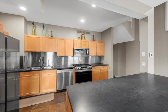 5089 Waterman Blvd, Saint Louis, MO 63108 - kitchen with appliances with stainless steel finishes, a sink, dark countertops, backsplash, and recessed lighting
