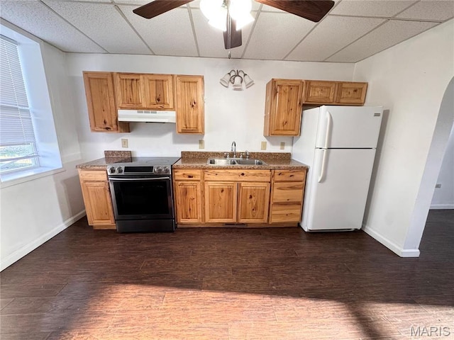 1001 S Central Ave, Vandalia, MO 63382 - kitchen with freestanding refrigerator, electric stove, a sink, under cabinet range hood, and a drop ceiling