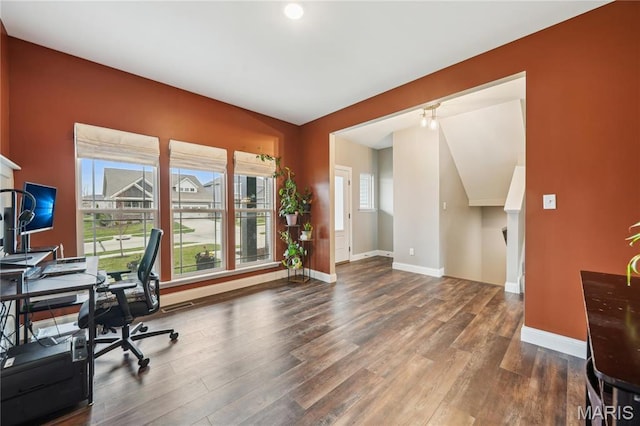 office featuring wood finished floors and baseboards
