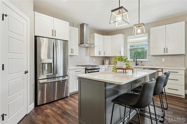 kitchen featuring stainless steel appliances, wall chimney exhaust hood, a kitchen bar, white cabinetry, and backsplash