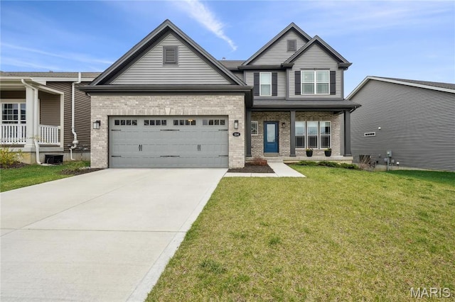 view of front facade featuring brick siding, an attached garage, a front yard, concrete driveway, and covered porch
