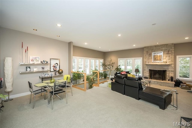 1211 S Geyer Rd, Saint Louis, MO 63122 - living area with carpet floors, recessed lighting, a fireplace, and baseboards