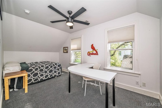 1211 S Geyer Rd, Saint Louis, MO 63122 - home office with lofted ceiling, carpet flooring, and ceiling fan