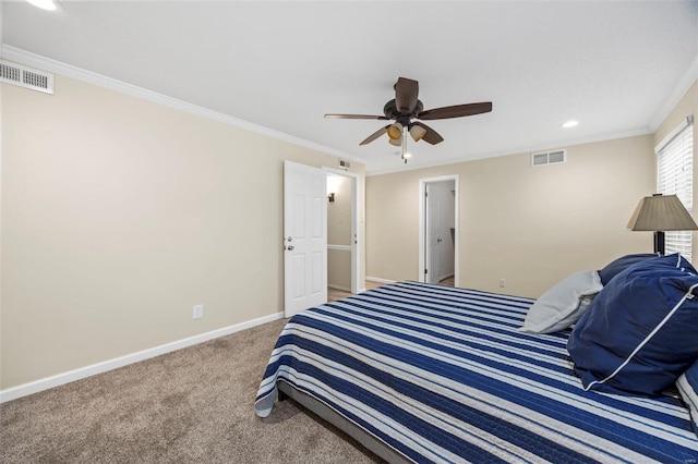 bedroom with carpet flooring, recessed lighting, crown molding, baseboards, and ceiling fan