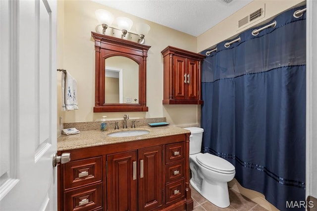 15038 Claymoor Ct Unit 2, Chesterfield, MO 63017 - bathroom with toilet, vanity, tile patterned floors, a textured ceiling, and curtained shower