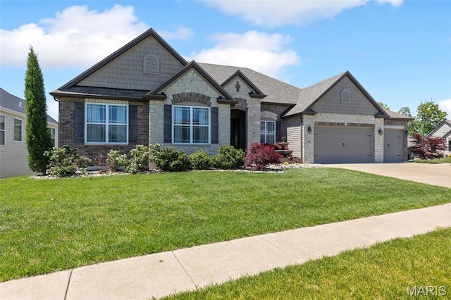408 Hamlet Ct, Lake St Louis, MO 63367 - view of front of house with stone siding, a garage, driveway, and a front lawn