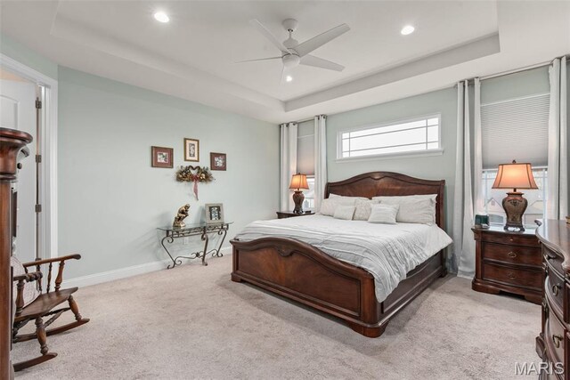408 Hamlet Ct, Lake St Louis, MO 63367 - bedroom with light carpet, a tray ceiling, recessed lighting, and a ceiling fan