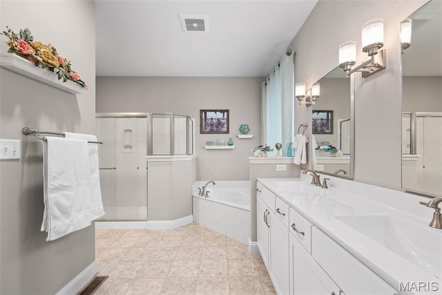 408 Hamlet Ct, Lake St Louis, MO 63367 - bathroom featuring a stall shower, a garden tub, a chandelier, and double vanity