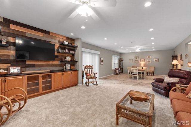 408 Hamlet Ct, Lake St Louis, MO 63367 - living area with ceiling fan, light carpet, recessed lighting, and wooden walls